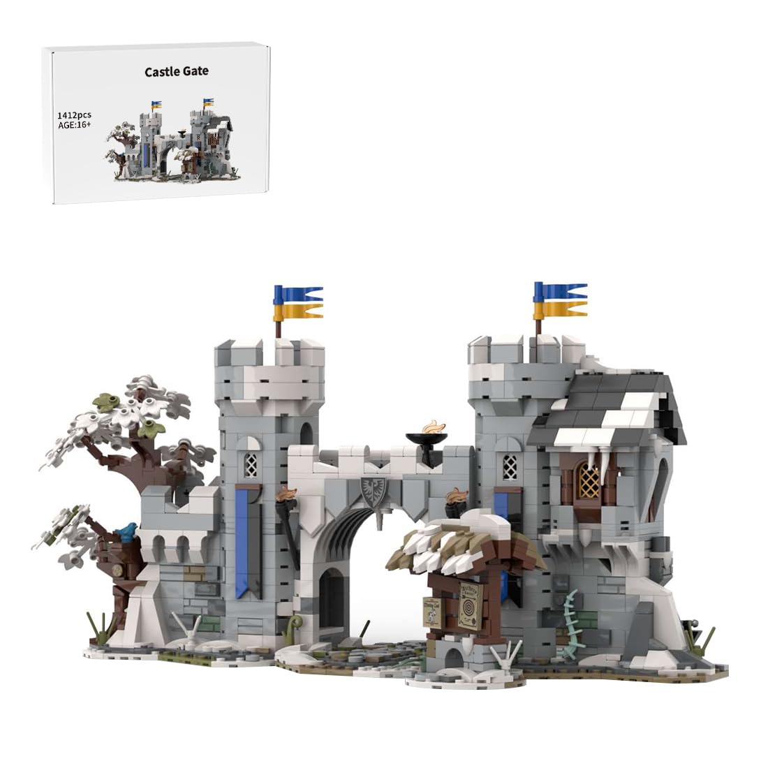 Mittelalterliches Stadttor mit Zwei Türmen Bausteine Modell, 1412 Stück Mittelalter Castle Klemmbausteine Haus Architektur Set für Erwachsene und Jugen, MOC-237647