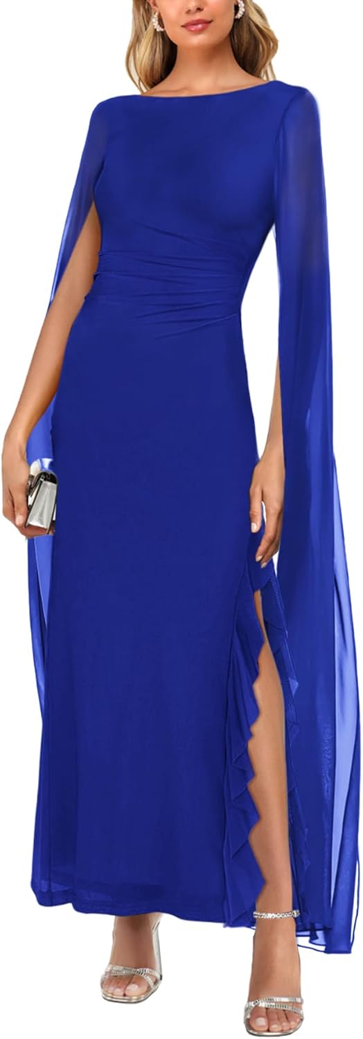 MAYFASEY Women's Sexy Elegant Long Sleeve High Split Mesh Ruched Formal Long Evening Party Maxi Dress with Cape - Image 4