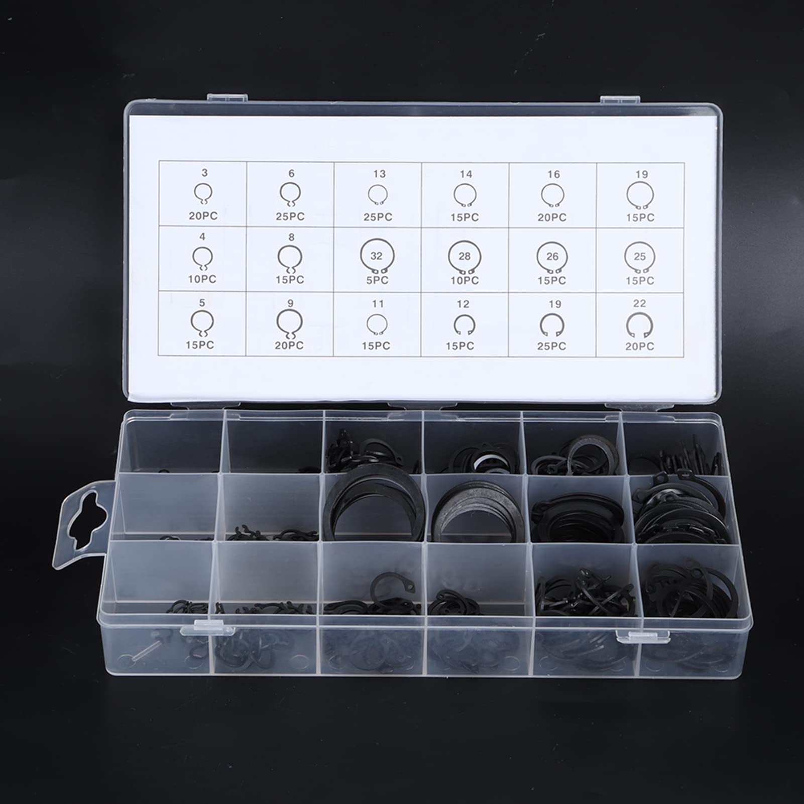 300Pcs E-Clip Snap Ring Shop Assortiment Noir Circlip Kit externe anneau de retenue Assortiment 2mm à 32mm