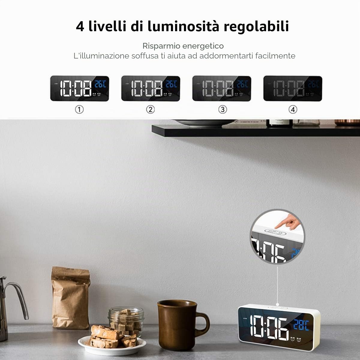 Sveglia Digitale con Grande Display LED, Temperatura, Doppio Allarme a Specchio, Portatile, luminosità Regolabile su 4 Livelli, 13 suonerie.