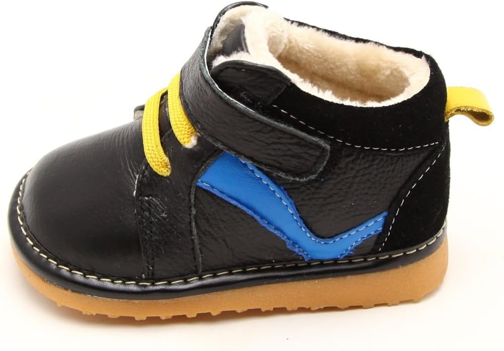 FREYCOO - Squeaky Leather Toddler Boys Shoes | Black Sneakers Blue Strip