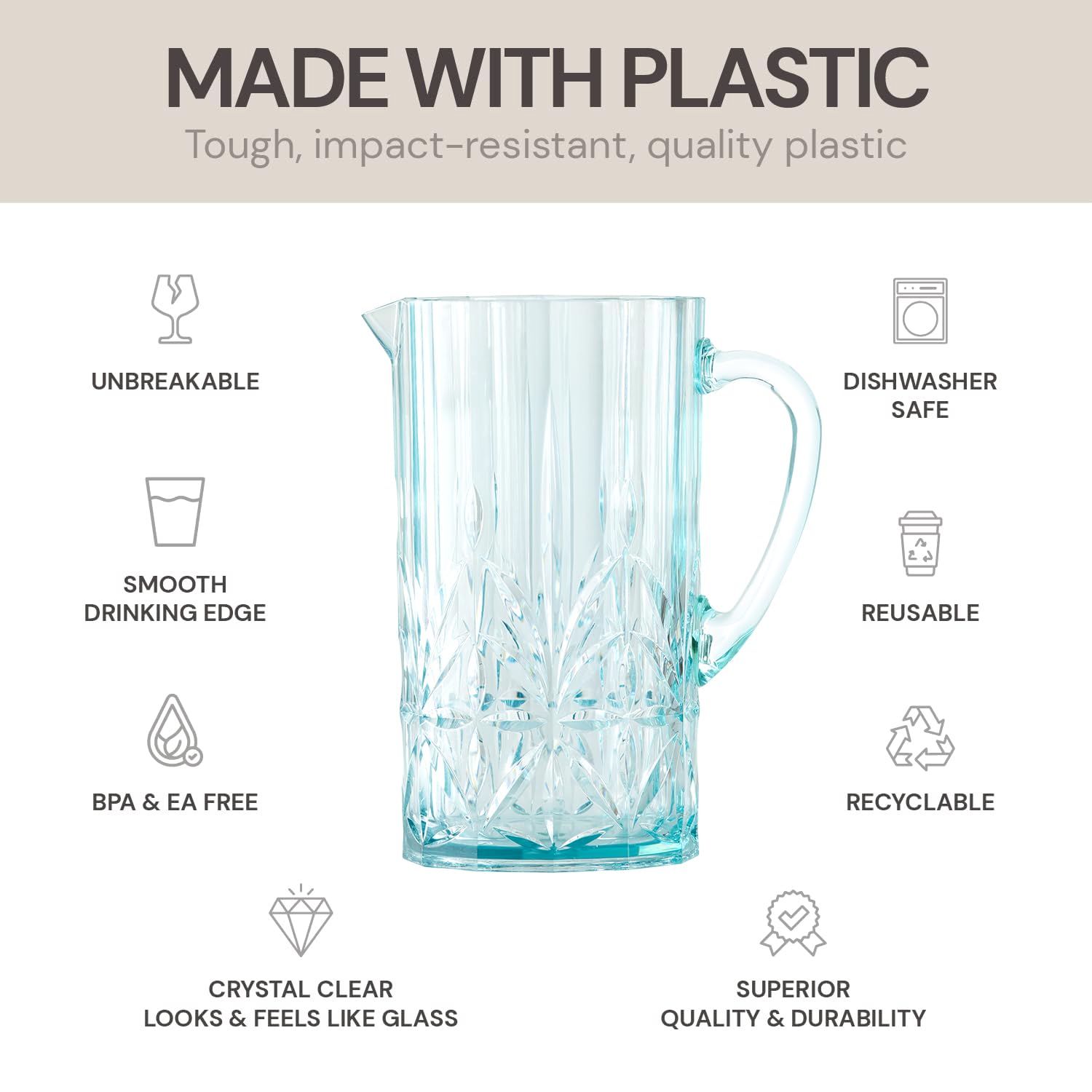 BELLAFORTE Jarra de agua de plástico Tritan inastillable con tapa, Myrtle Beach, jarra de agua irrompible de 88 onzas con asa, perfecta para jugo de naranja, té helado y bebidas, apta para