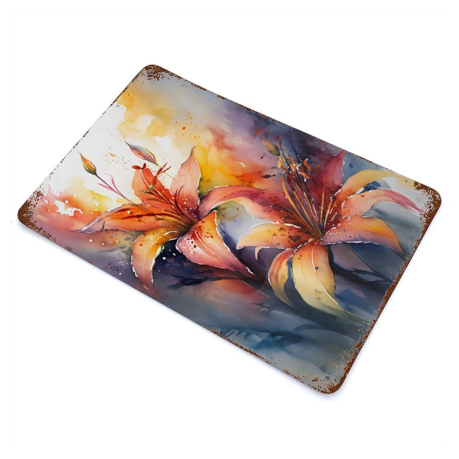 Lily Yellow Flower Lilies Aged Metal Wall Plaque 11.8"x7.9", Industrial Home Decor for Pub, Kitchen And Man Cave Decor