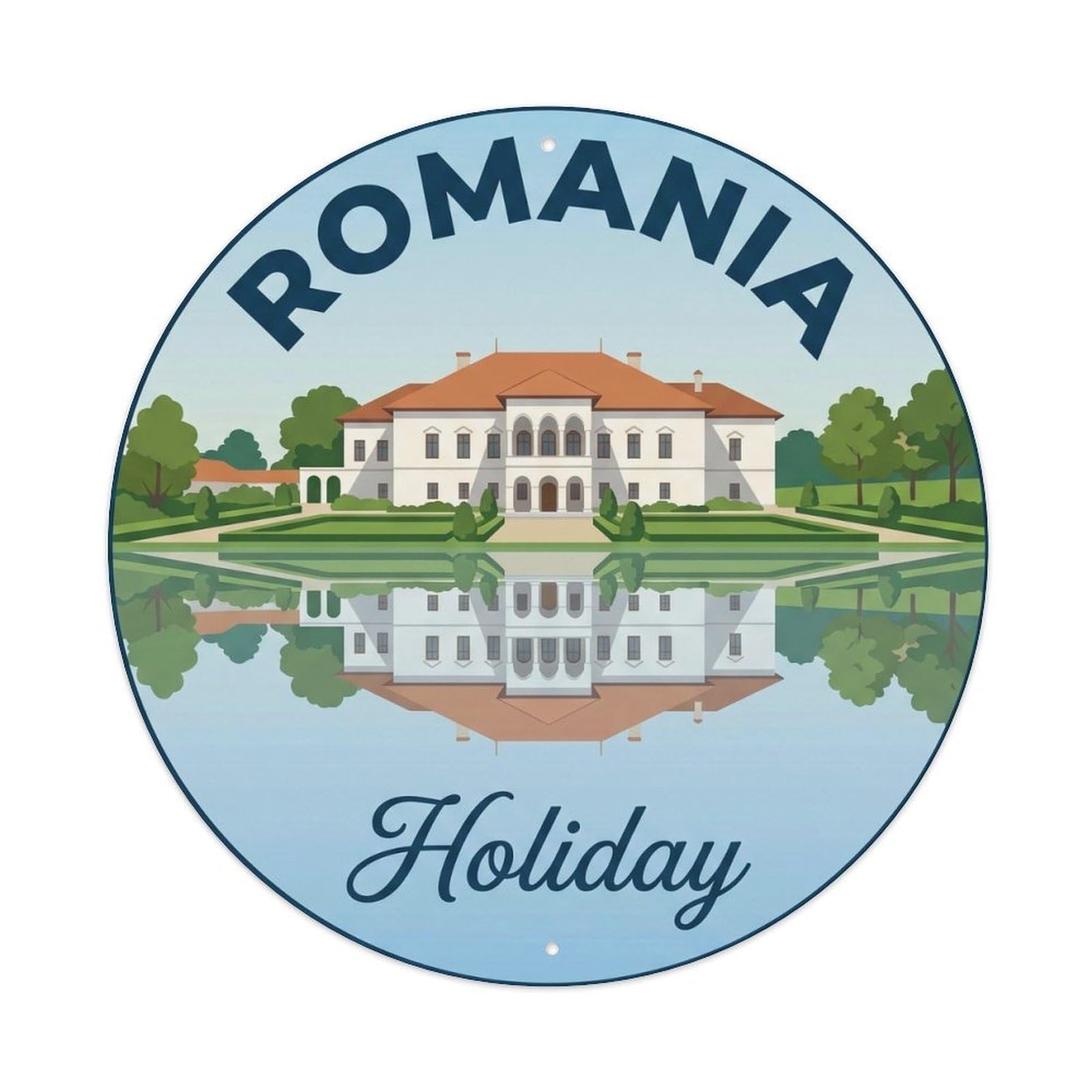 Romanian European Palace Classic Europe Destination Heritage Metal Tin Sign Plaque Wall Decor for Cafe, Man Cave, Club Bar, Office, Home Garden Round Metal Poster 8x8Inch