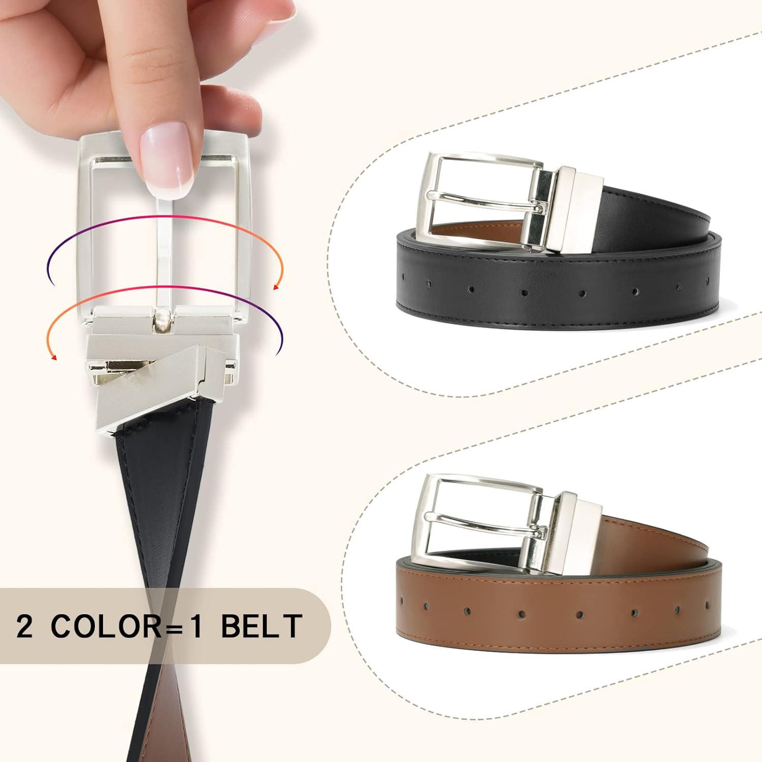 VONMELLI Reversible Belt for Women Leather Belts for Jeans Pants Fashion Ladies Dress Belt Trim to Fit - Image 2