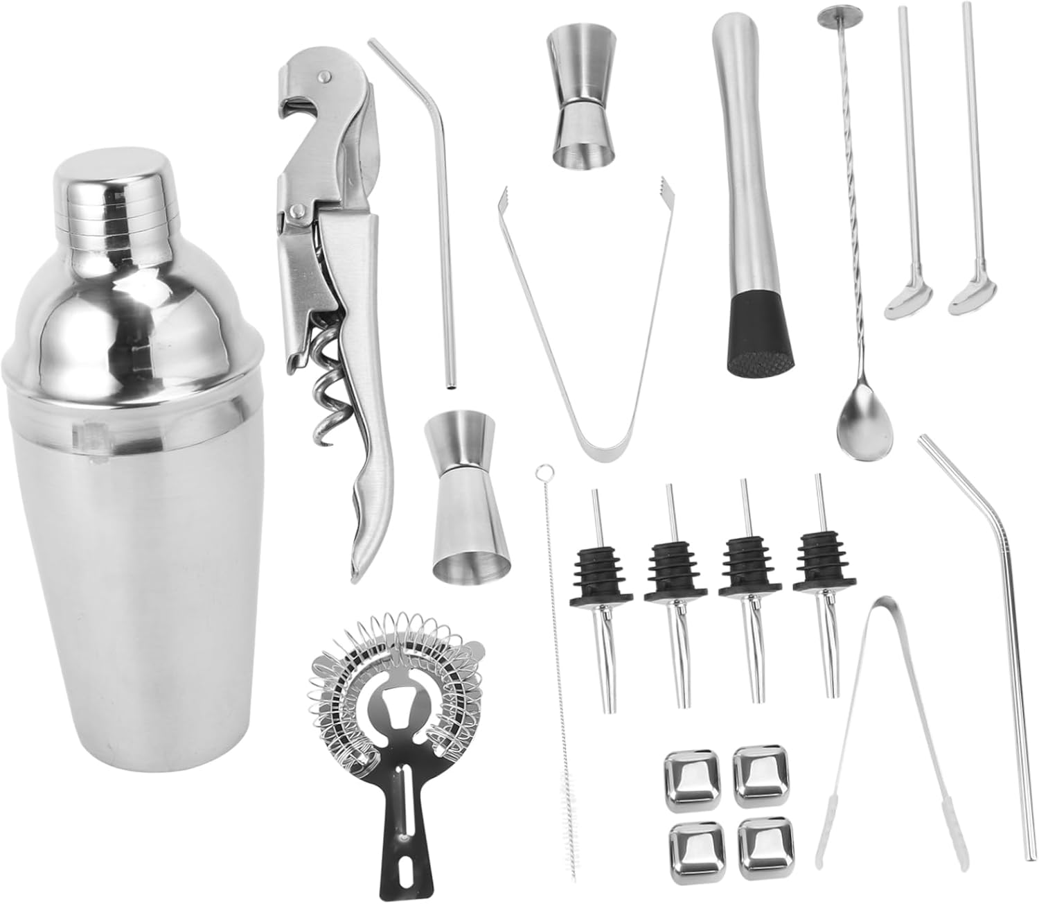 22pcs Stainless Steel Cocktail Shaker Set Complete Bartender Equipment Measuring Cup Strainer Ice Tong for Cocktails