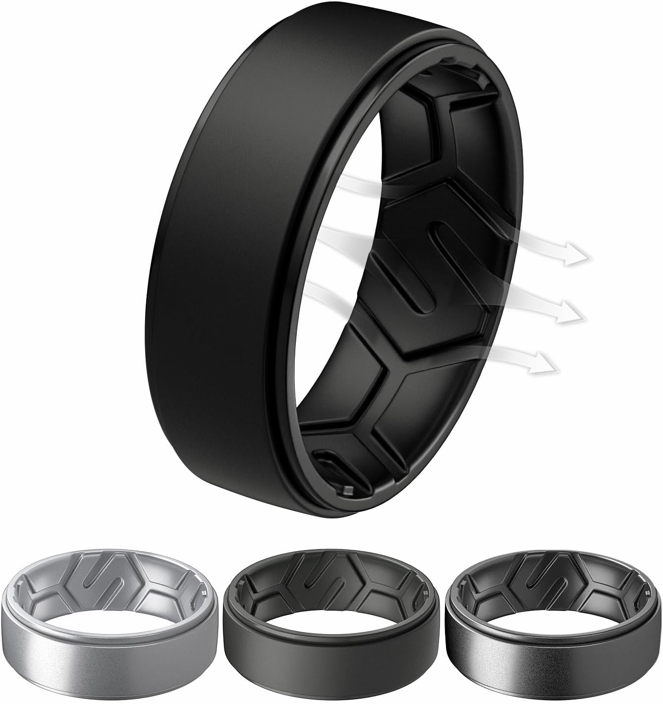 Egnaro Men's Breathable Silicone Rings: 4 Airflow Channels rubber wedding band - Sweat-Free Comfort - Multipack 1/4/7 for Gym & Outdoor