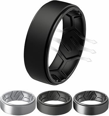 Egnaro Mens Breathable Silicone Rings 4 Airflow Channels rubber wedding band - Sweat-Free Comfort - Multipack 1/4/7 for Gym & Outdoor