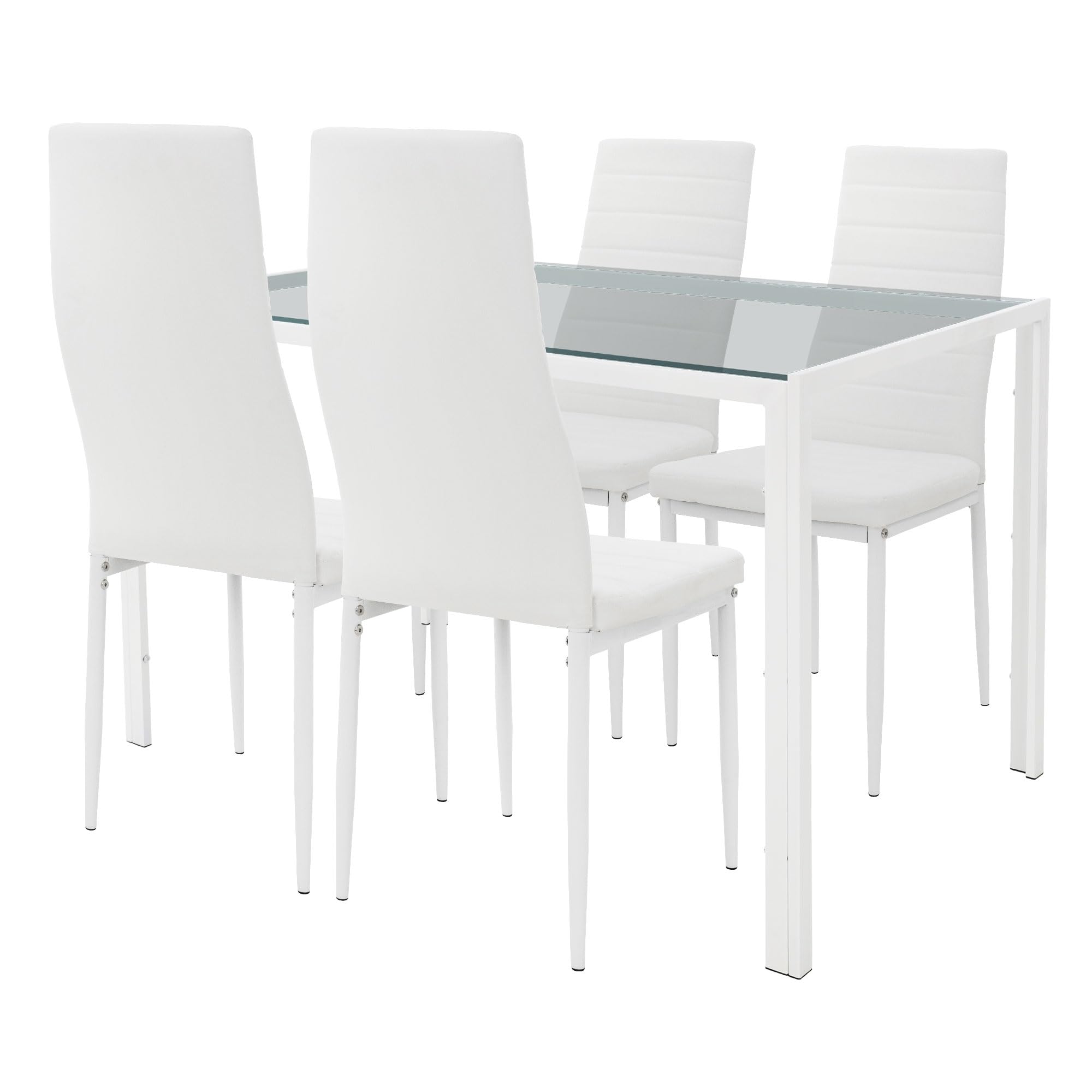 ML-Design Juego de Comedor 5 Piezas en Color Blanco Compuesto por 4X Sillas de Comedor de Polipiel con Respaldo y 1x Mesa con Tapa de Cristal Set de Muebles Moderno Adecuado para Salón/Cocina