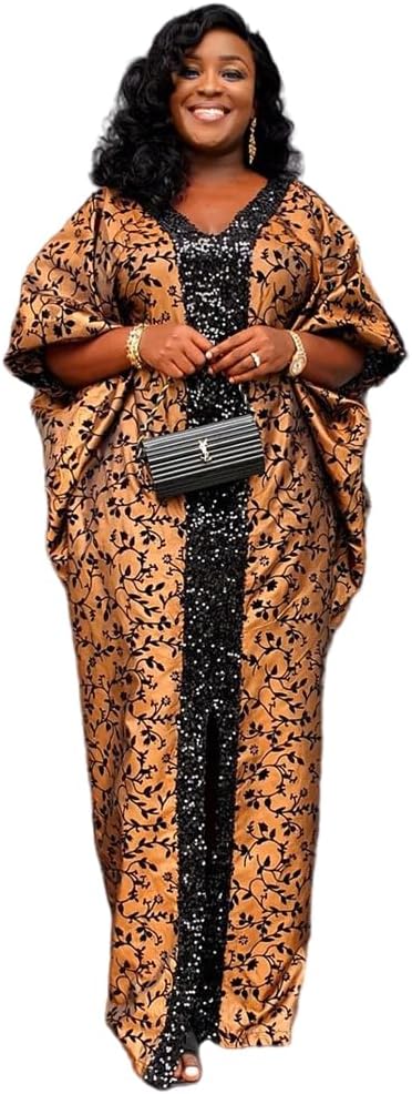 HD Women's Sequin African Bubu Dress Front Slit Stylish Plus Size Gown