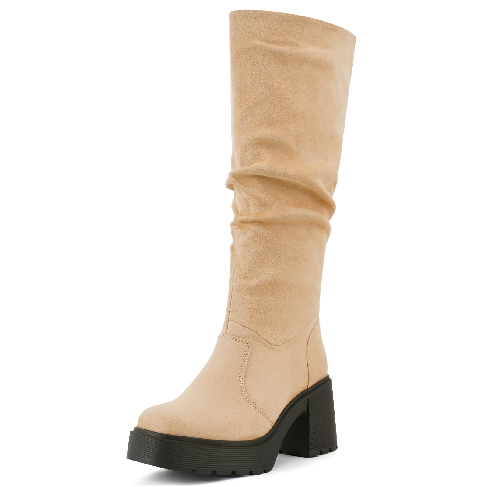 UBWDU Womens Platform Campus Knee High Boots Side Zipper Chunky Block heel Tall Boots Square Toe Long Leather