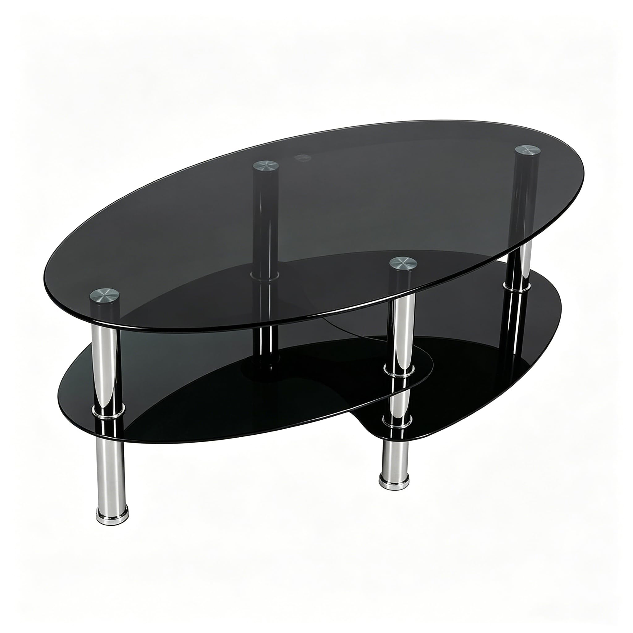 Table Basse Ovale en Verre Trempé, Noir et Noir
