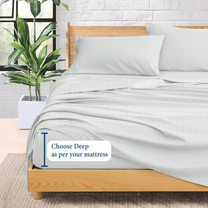 1100-Thread-Count 100% Egyptian Cotton Sheets, Luxrious 4-PCs Sheet Set Stripe Pattern, Soft and Silky, Fits Mattress Upto 18-21'' Deep Pocket (Twin, Silver Grey)
