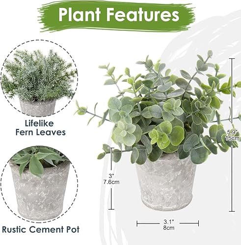 Miniatura 2 de Briful Juego de 3 plantas artificiales pequeñas para decoración de plantas artificiales en macetas, plantas de eucalipto sintético en macetas para