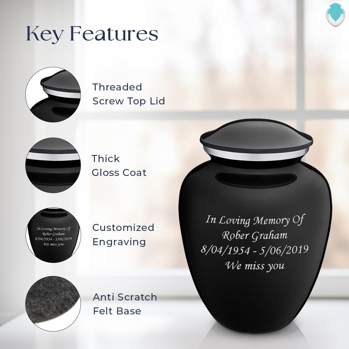 Geturns Embrace Adult Personalized Cremation Urns for Human Ashes I Large Black Funeral Urn for Men and Women I 200 lbs