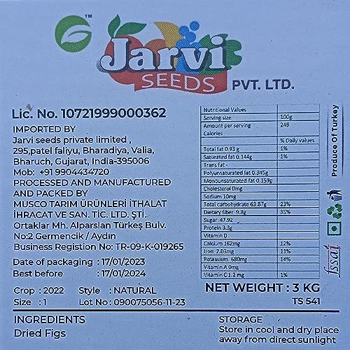 Image of JARVI SEEDS Turkish Figs - Quality Dried Fruits from Turkey, Sweet and Nutritious Snack, Resealable Box (3 Kg)
