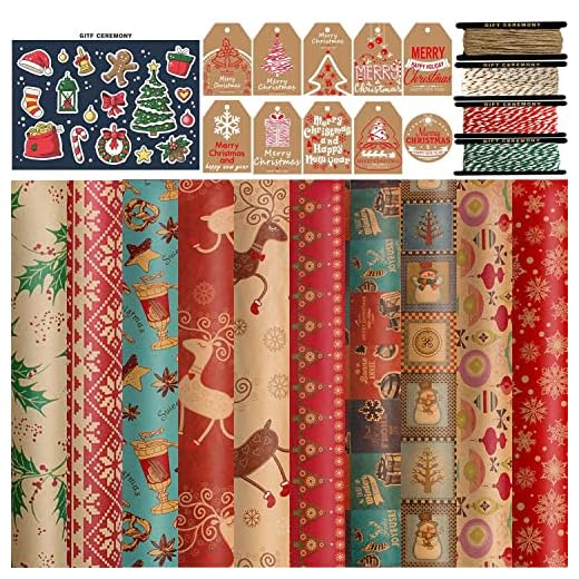 FullJoyHut Papel de Regalo Kraft Navidad con 10 Hojas Reciclable Papel de Regalo Navideño Grande 70x50cm,10 Etiquetas Regalo,4 Rollo Hilo Yute Cuerda Algodon para Decoración Navideña