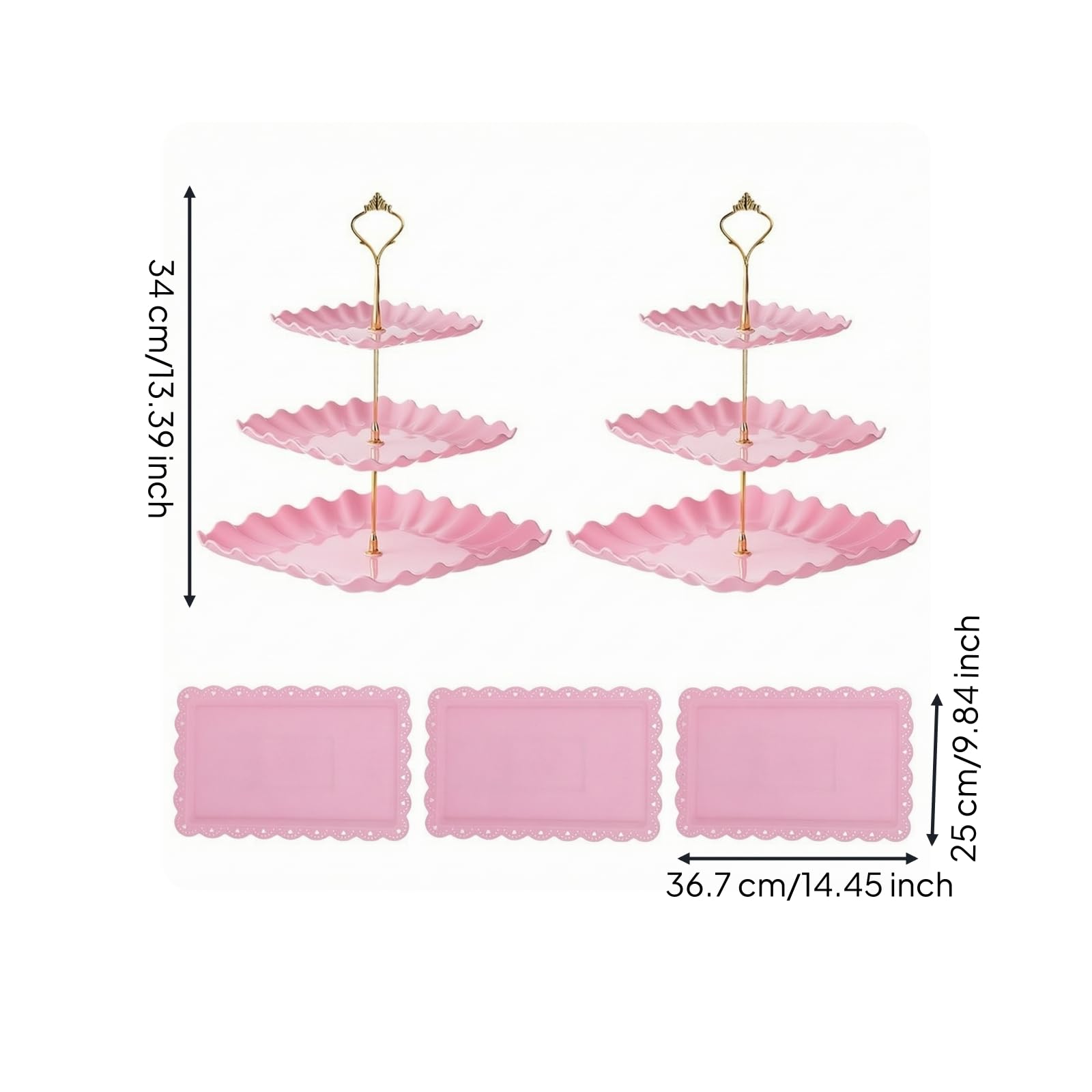 Colcolo Soporte para Postres Expositor Bandeja Platos Kit de 5 Piezas con Expositor Ondulado de 3 Niveles y 3 Bandejas , Rosa , Ondulado Poste Dorado Con Cabeza De Flor Juego De Cinco Piezas