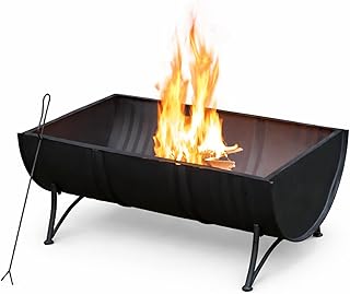 35-Inch Oval Barrel Wood Fire Pit – Steel Patio Backyard Heater with Safety Spark Screen, Easy to Clean, Elevated Log Grate and PVC Cover, Black