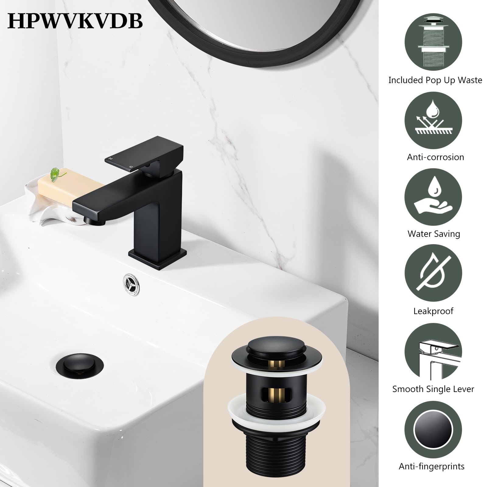 Basin Mixer Tap Black Bathroom Sink Taps with Pop Up Sink Waste, Square Basin Taps with Drain - Image 2