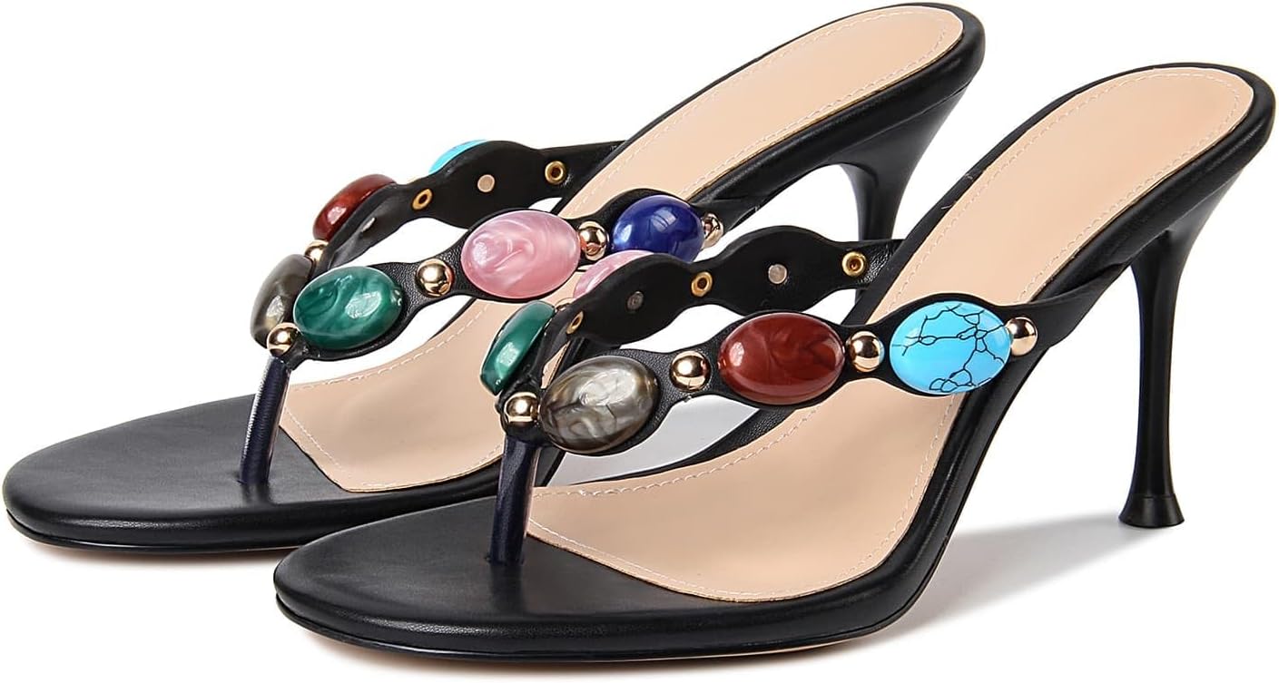 DREAMSTORY Women's Jeweled Thong Strappy Heels Sandals Comfortable Round toe High Heel Dressy Summer Sandals for Wedding Party Beach Flip Flops Slip On Casual Shoes Wear