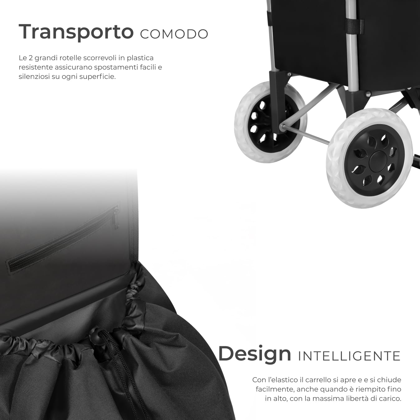 tectake® Trolley per la Spesa, 2 Ruote, Pieghevole, con Sacca Asportabile, Grandi Ruote, Chiusura con Cerniera, Tasca Piccola, Disponibile in Diversi Colori - Nero