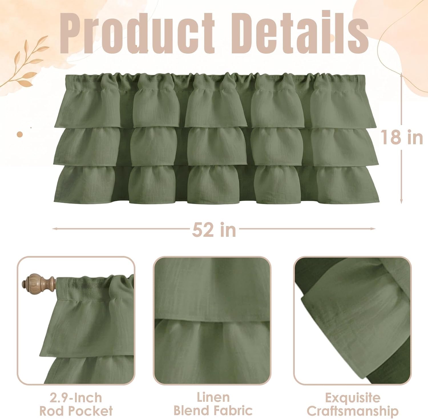 Emvency Valances for Windows Line Ruffle Hem 2 Pack, 52x18 Inch Sage Green