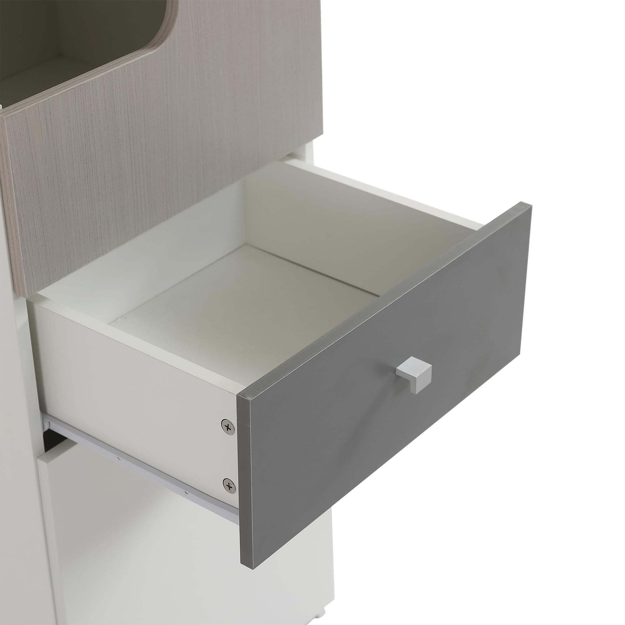 Idemon Libreria alta per adolescenti con porta a forma di L, con cassetto, porte con cerniere, con bottoni quadrati in metallo, MDF, bianco + olmo chiaro + grigio