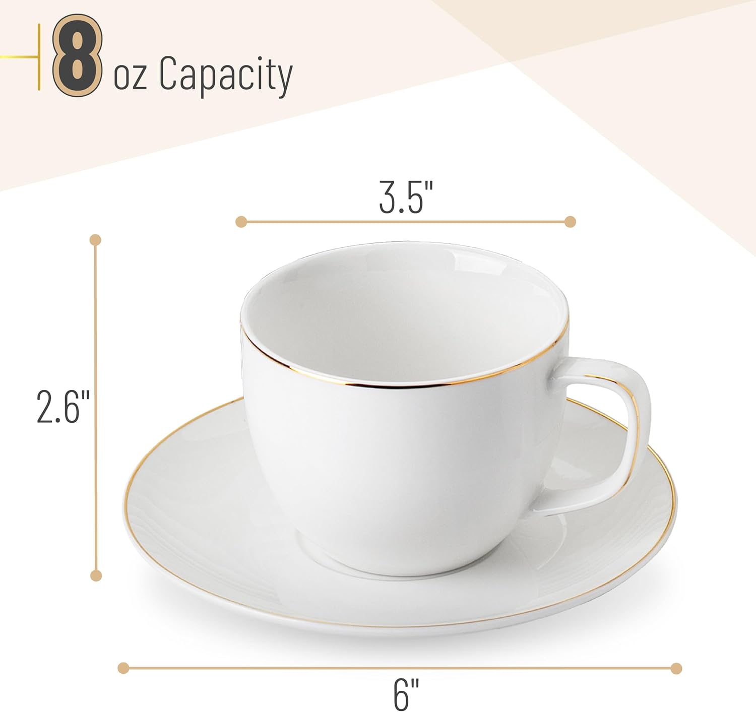 BTaT- Cappuccino Cups with Saucers 8 oz, Set of 12, White Porcelain Coffee Cup and Saucer Set for Latte with Golden Trim Design, Dishwasher Safe, Mocha, Tea, Au Lait, Flat White