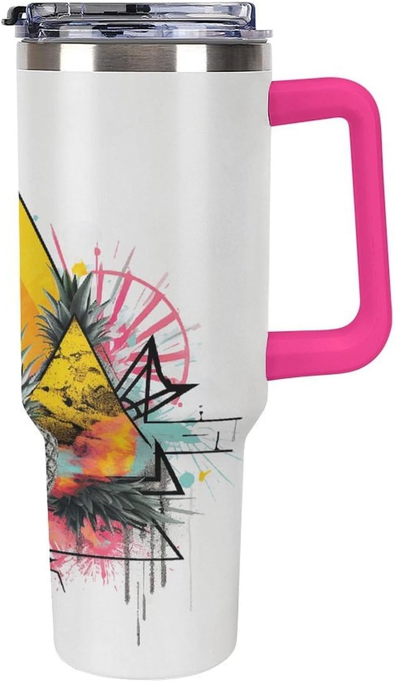 Large Car Cup with Handle&Lid Fashion Pineapple And Triangle Tumbler Sturdy Insulated Water Bottle Stainless Steel Vacuum Travel Mug Portable Coffee Cup for Home Outdoor 40 Oz Light Rose Red-style