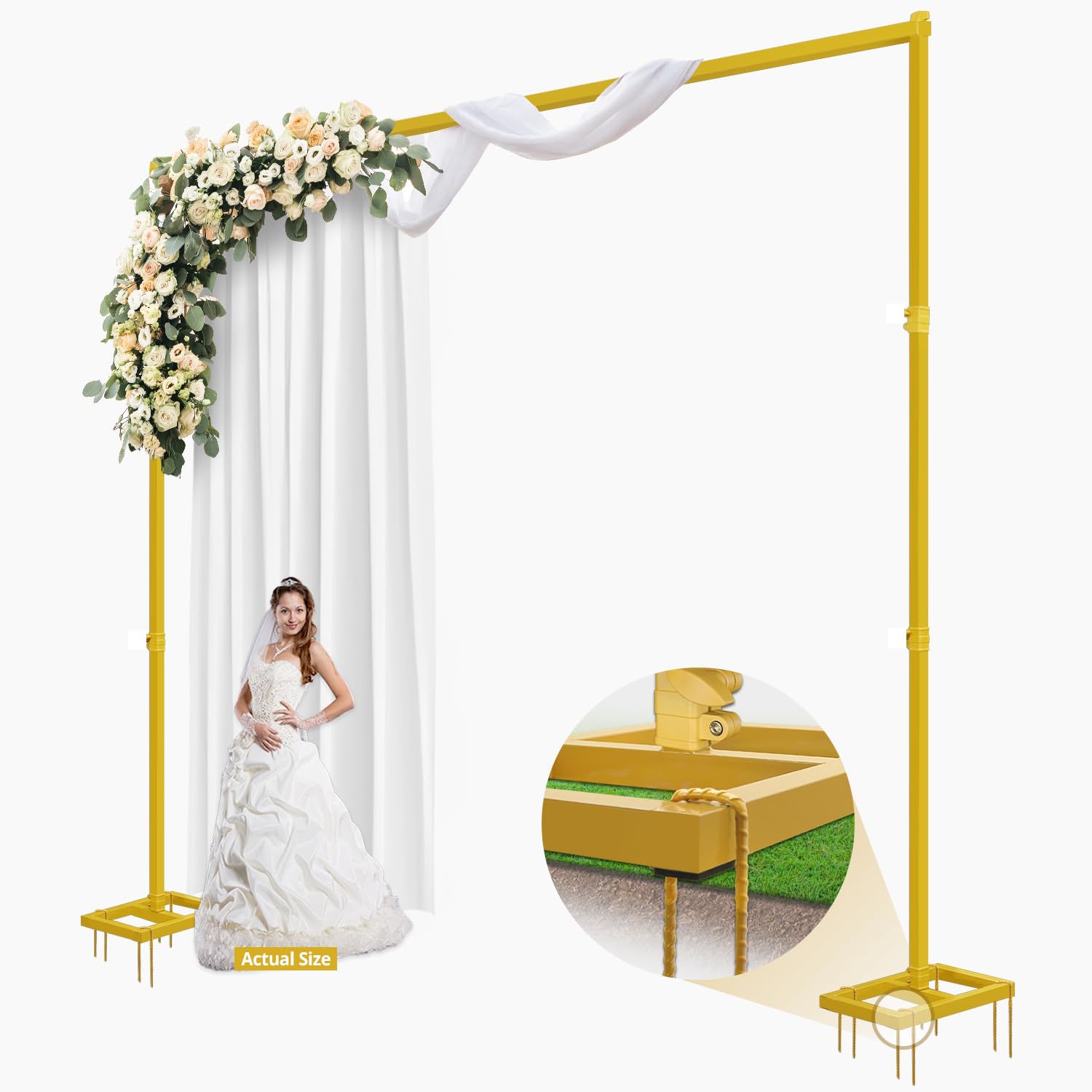 Julius Studio 10 x 10 ft. Gold Wedding Arch Backdrop Stand Super Heavy Duty, Metal Body Frame, U Shape Ground Stake Pin, Most Strong, No Wobble, No Falling, Wind Resistant for Outdoor Events, JSAG864