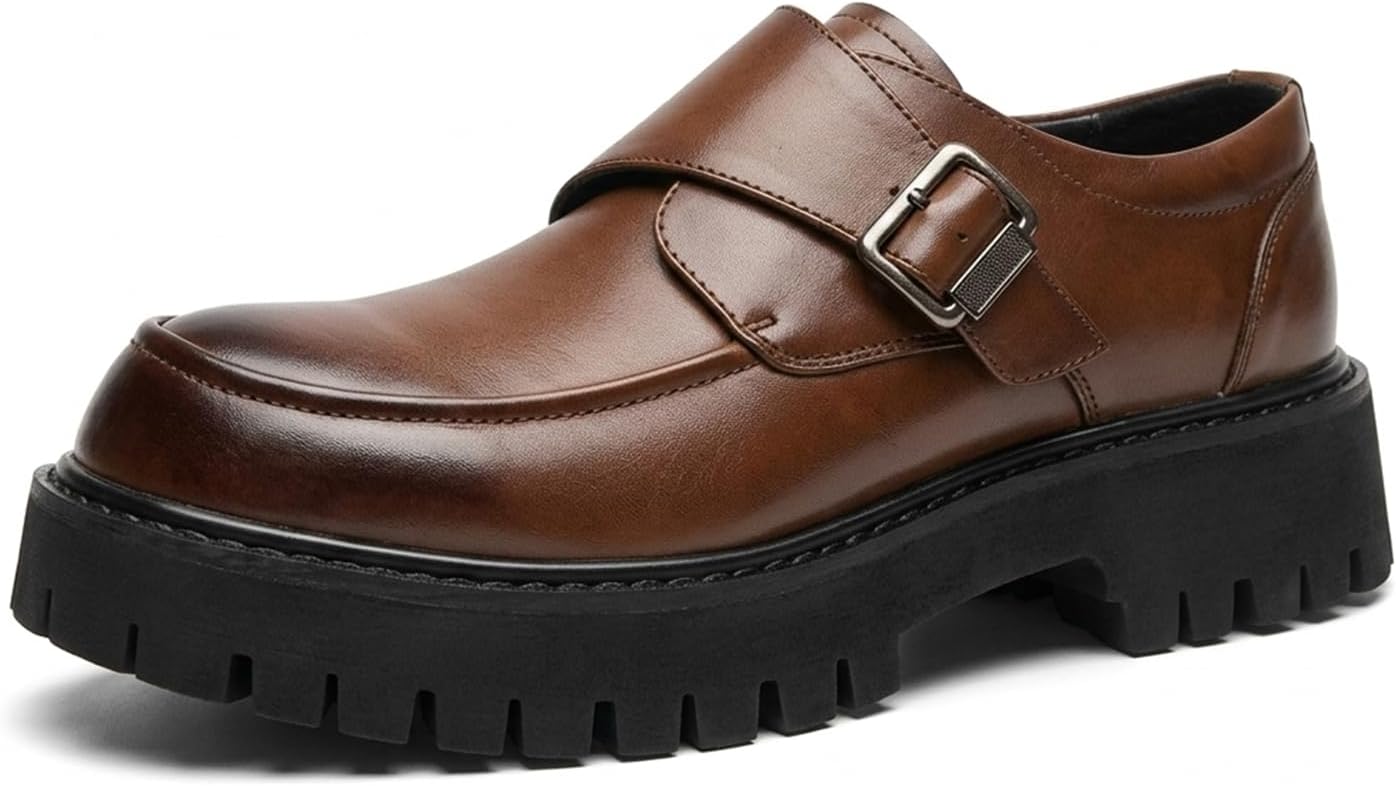 Men's Leather Chunky Platform Loafers Retro Round Toe Lug Sole Non-Slip Slip-On Formal Shoes for Business, Evening, Party