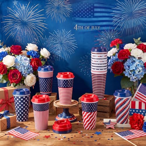 Pickmesh 28 Pack 4th of July Reusable Coffee Cup 16 oz Patriotic Party Cups American Flag Tumblers with Lid Red White Blue Plastic Coffee Mug for Independence Day 250th Anniversary Party Favors by Pickmesh - Used condition - Image 4