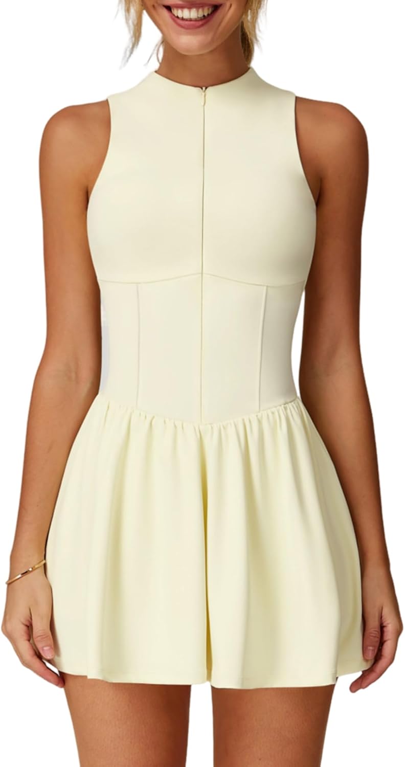 Womens Tennis Golf Dress with Built-in Bra Shorts Zipper Slim Fit A-line Hem Skirt ...