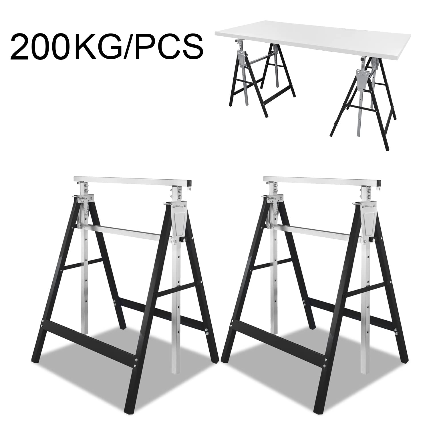 Fiqops Juego de 2 caballetes de trabajo, altura regulable, capacidad de carga de 200 kg, 7 niveles de altura regulable de 80 a 130 cm, caballete plegable estable para uso versátil (negro)