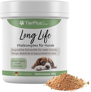 Long Life Vitalkomplex für Hunde -Gesundheit & Vitalität für Senior Hunde, mit Omega 3 Fettsäuren, Curcuma, Mariendistel, Propolis u.v.m, 180g pro Dose, leckeres Futtertopping