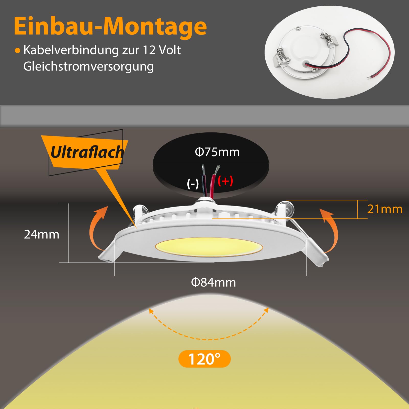 Dream lighting LED Einbaustrahler 12v 3W 75MM Lochmass Warmweiß 3000K 12 Volt LED Spot für Wohnmobil Wohnwagen Camper Van Einbauspots aus Weiß Aluguss IP44 6er Set