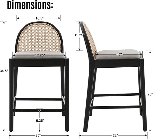 Miniatura 2 de LukeAlon Juego de 2 taburetes modernos de lino para mostrador, de 26 pulgadas de altura de asiento, con patas de madera, caña de ratán natural,