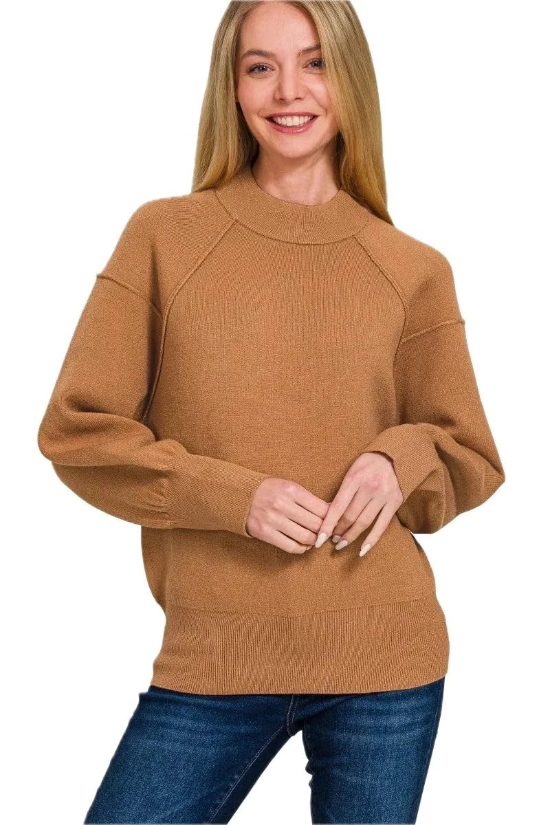Womens Mock Neck Exposed Seam Sweater Ribbed Knit Pullover Long Sleeve Versatile Chic Top for Ladies Everyday Wear