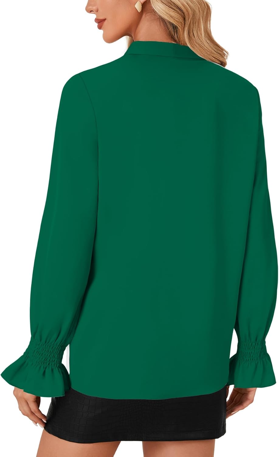 LYANER Women's Bow Tie Front Smocked Long Sleeve Blouse Elegant Office Shirt Top - Image 4