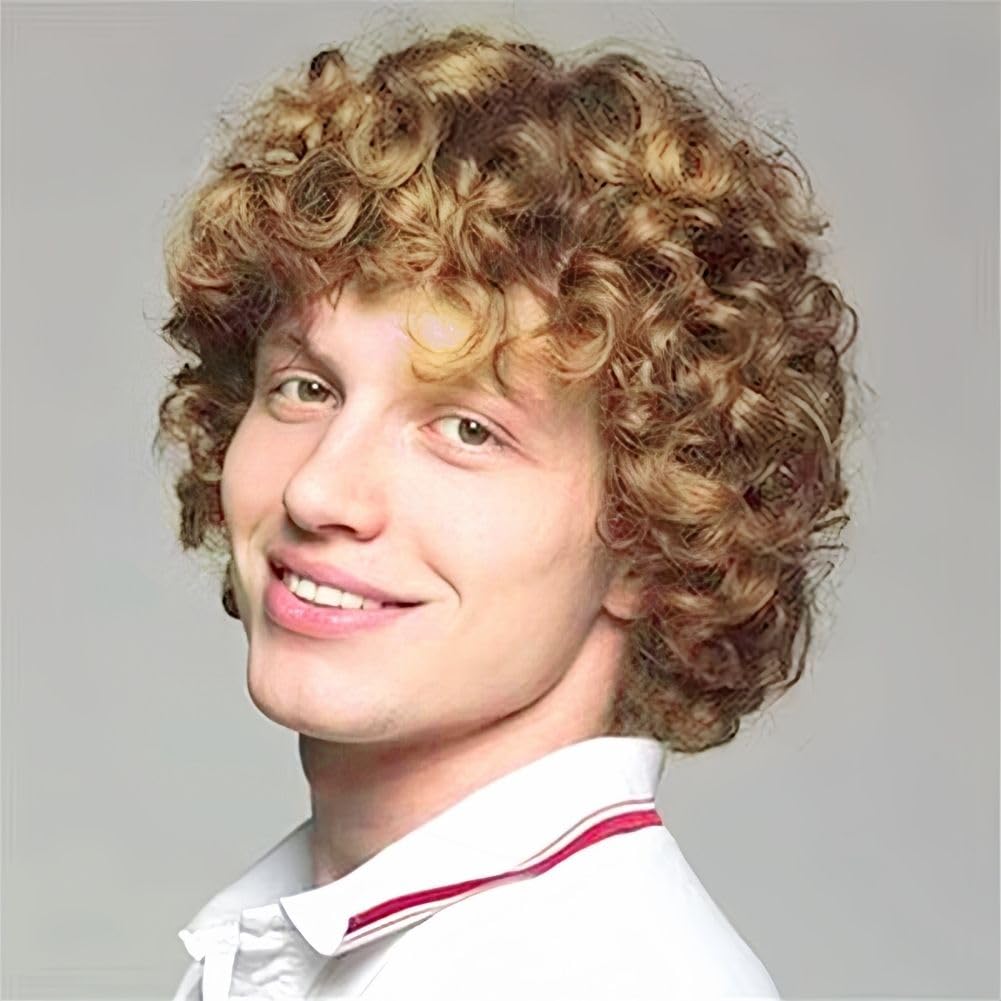 Mens Curly Blonde Afro Wig Short Fluffy Rocker Wigs Cosplay Costume Daily Hair for Male 70s 80s Rocker Mens Full Wig