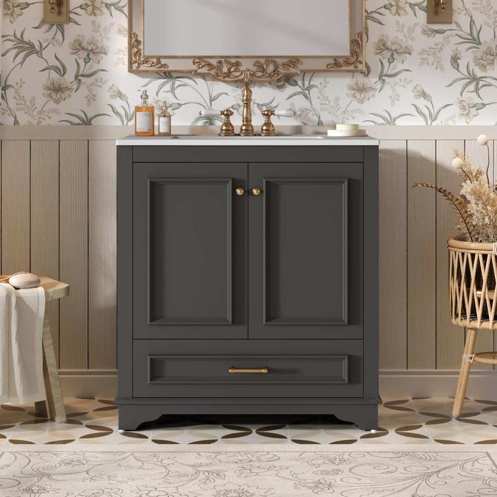 30" Bathroom Dressing Table with Ceramic Sink Set, Solid Wood Storage Cabinet, Luxury Double Doors and Drawers, Bathroom Corridor (Black)