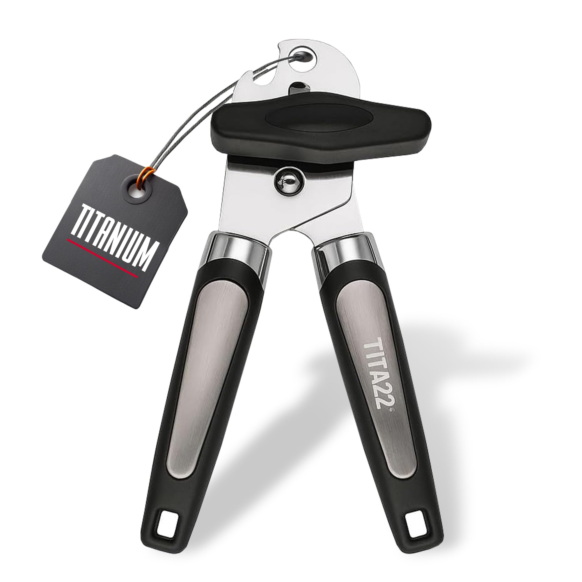TITA22™ Titanium Coated Manual Tin Opener – Heavy Duty Stainless Steel with Titanium Coating, Ultra Sharp, Ergonomic Soft Grip Handles – Smooth Edge, Safe & Durable Kitchen Tool