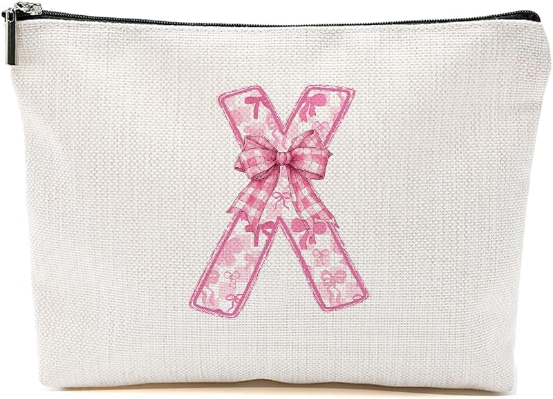 Pink Bow X, Alphabet Makeup Bag for Women, Personalized Gifts for Women
