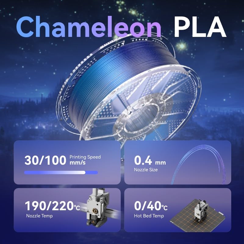 Image of Chitu Systems Conjure PLA Filament, Burnt Titanium 2KG Spool (4.4lbs), Color Changeable 3D Printer Filament, Chameleon Changing Colors with Light, Blue Shiny Galaxy Blue /Green /Purple /Gold