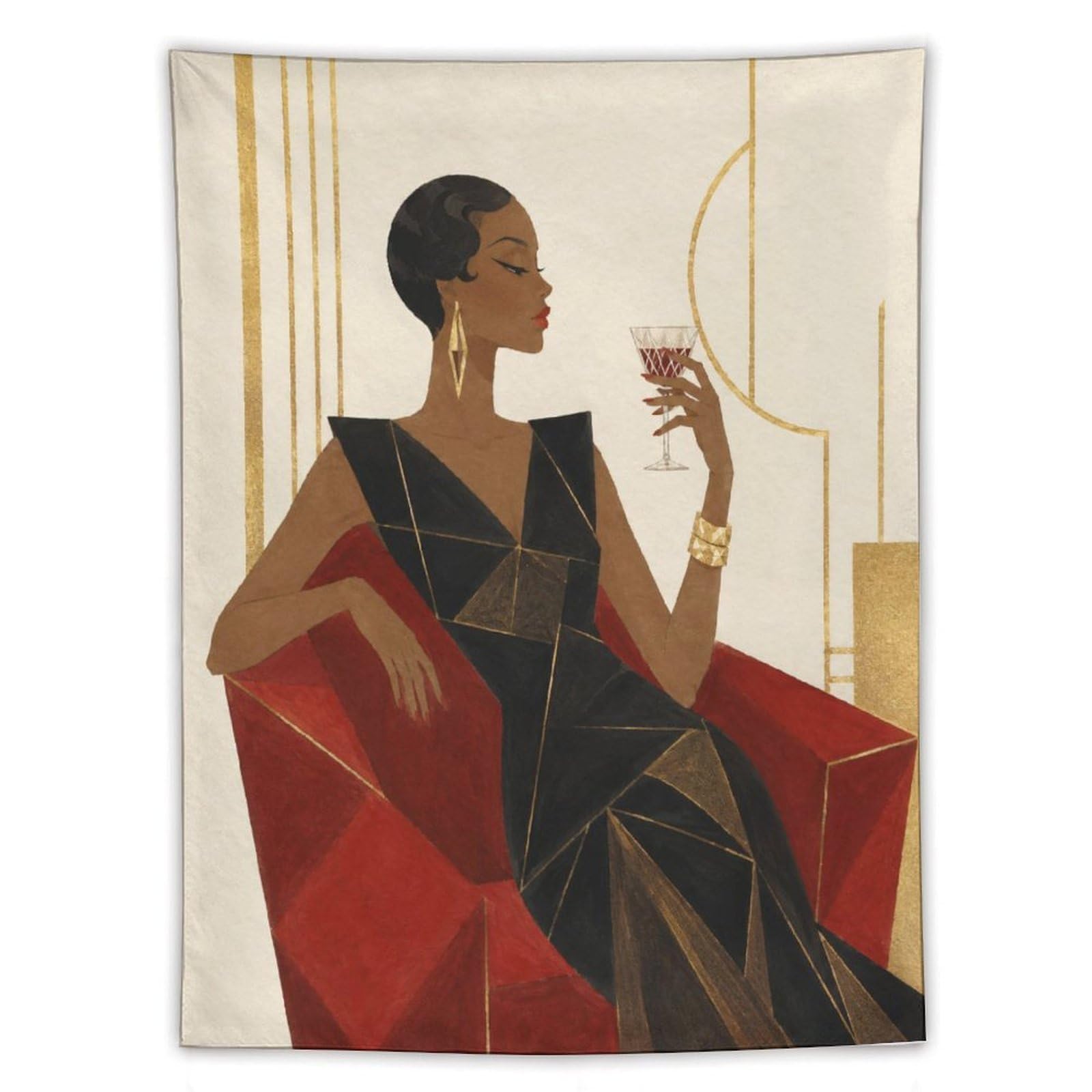 W7C8U2X3 Elegant Woman with Wine Wall Tapestry, Geometric Art, Apartment