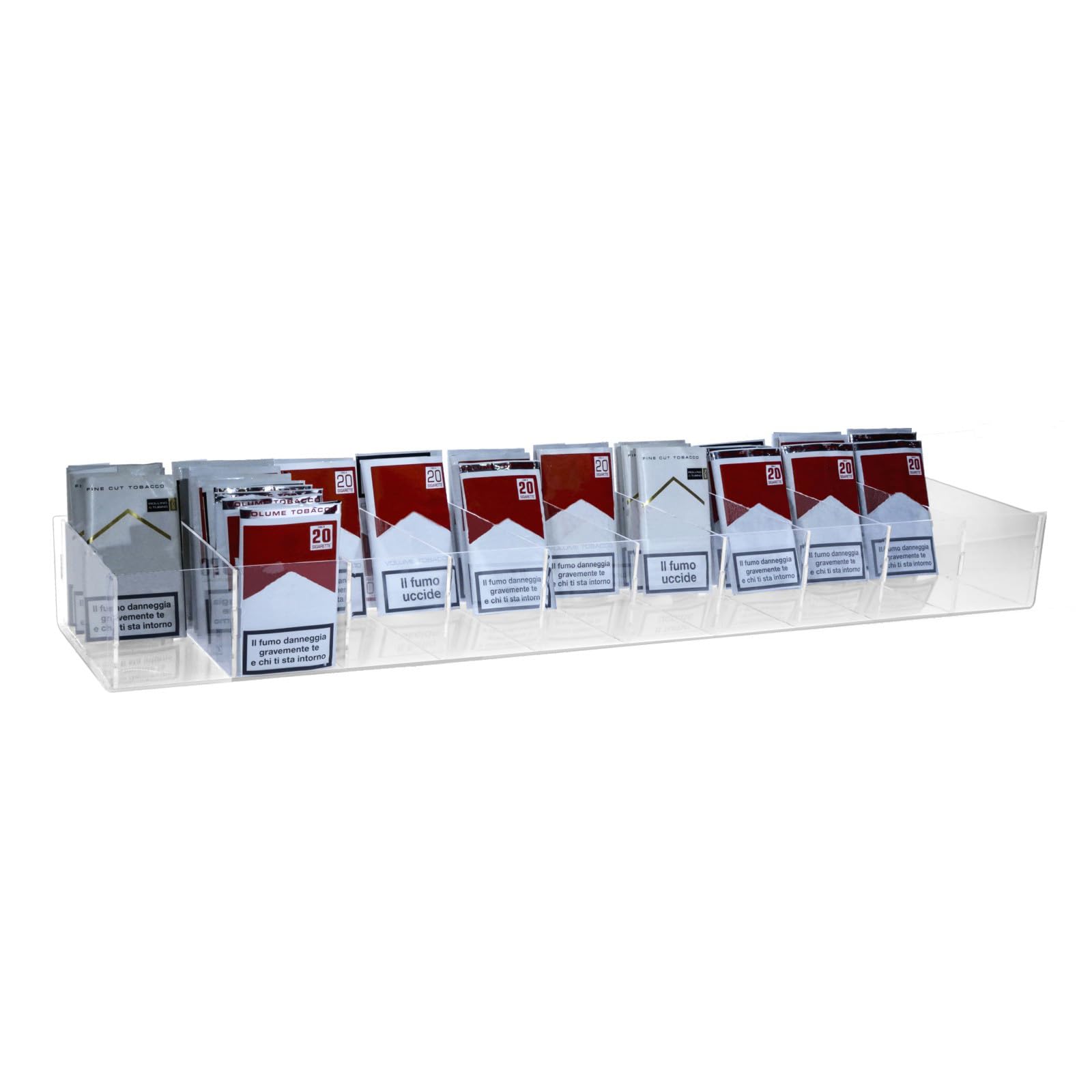 Espositore in plexiglass trasparente da banco per buste di trinciato o caramelle confezionate a 10 vaschette - Misure: 84 x 18 x H8.5 cm