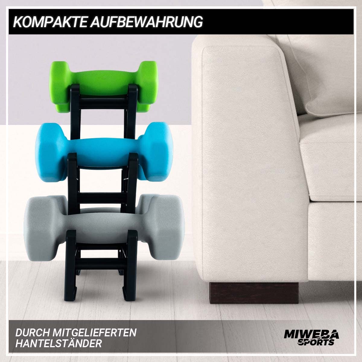 Miweba Sports Hanteln Set Neopren & Vinyl NKH120 - Kurzhantel Set 2 x 1 kg | 2 x 2 kg | 2 x 3 kg | 𝐏𝐫𝐨𝐟𝐢 Hantel Gewichte - Hexagon Kurzhanteln inkl. Hantelständer - Hantelset - Kurzhantelset