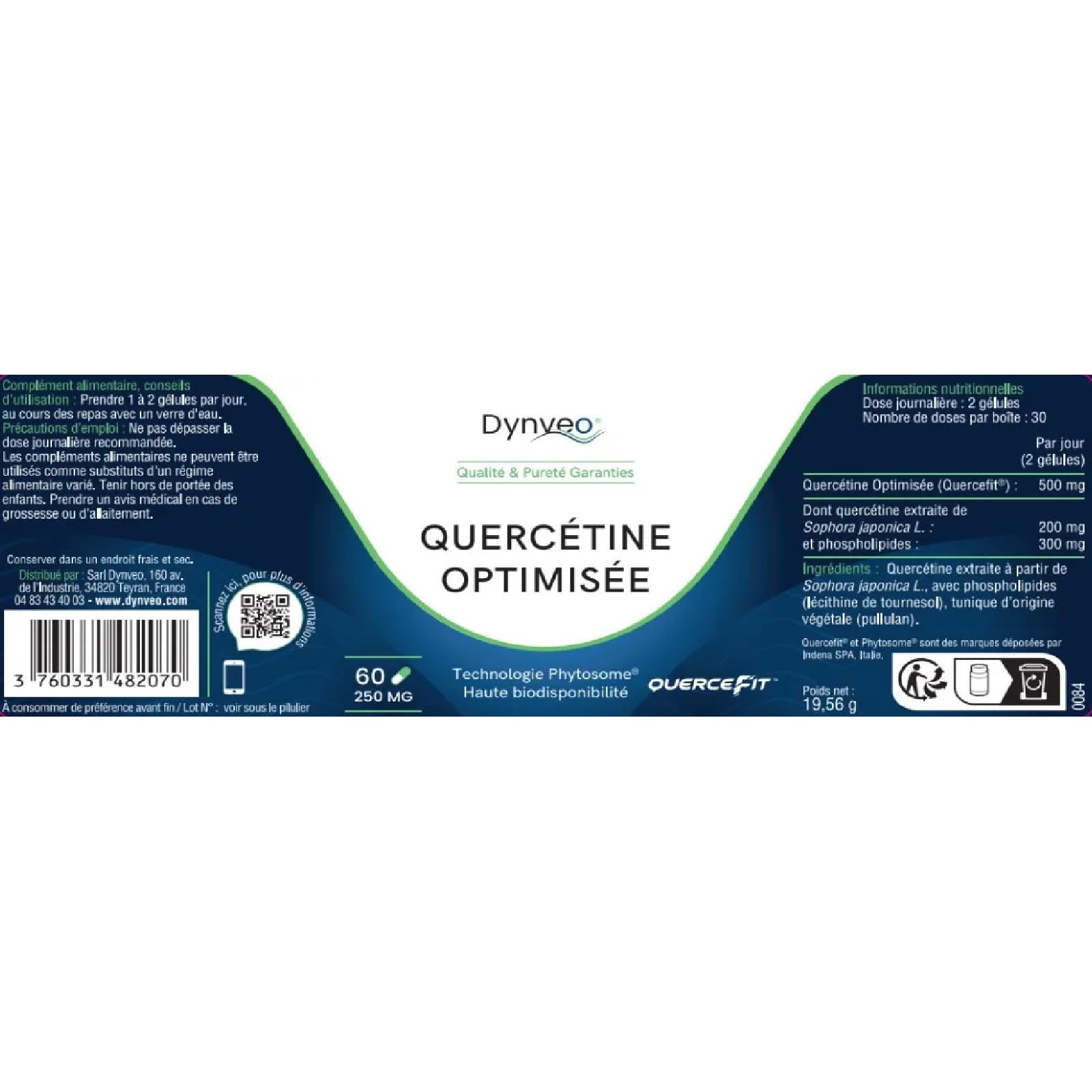 Quercétine optimisée Phospholipide Quercefit® - Microencapsulée 20x Plus Biodisponible - Antioxydant & Immunité - 250 mg 60 gélules végétales (1 à 2 Mois) - Fabrication française - Dynveo