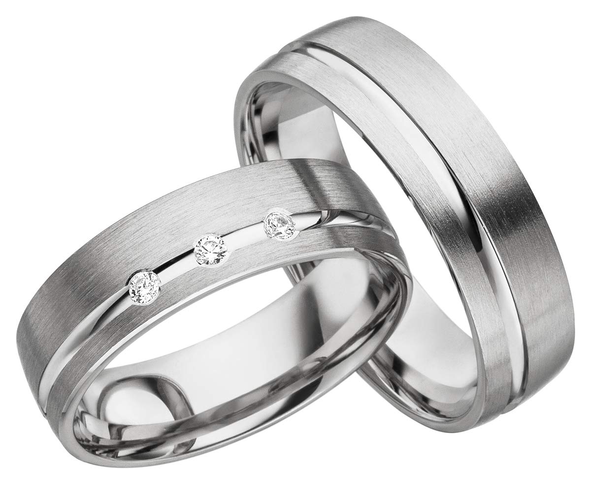 JC Trauringe 925er Sterling Silber Paar-Preis I Ehe-Ringe mit kostenloser Gravur I Verlobungsringe 6 mm breit inkl. Etui-Box I Herren-Ring ohne & Damen-Ring mit Zirkonia-Steinen I Gr. 48 bis 72 I S037
